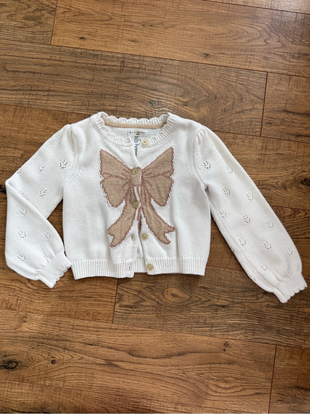 Max Studio White Cardigan with Pink Beige Bow